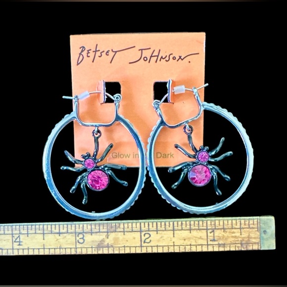 Betsey Johnson Jewelry - Betsey Johnson GHOUL FRIENDS 
SPIDER HOOP EARRINGS PINK STONES-Halloween NWT🕷️